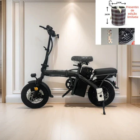 Bicicleta elétrica dobrável para adultos, pedal tripulado, compras ao ar livre, viagem — preta